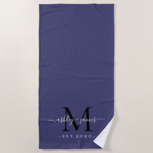 Chic Newlywed Monogram Script Names Navy Blue Beach Towel