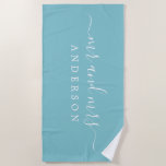 Chic Newlywed Mr Mrs Angel Blue Monogrammed Beach Towel<br><div class="desc">Chic angel blue monogrammed beach towel with the large text Mr and Mrs in white elegant script calligraphy. You can customise this stylish beach towel with your married name. Perfect gift for the newlywed couple. Exclusively designed for you by Happy Dolphin Studio.</div>