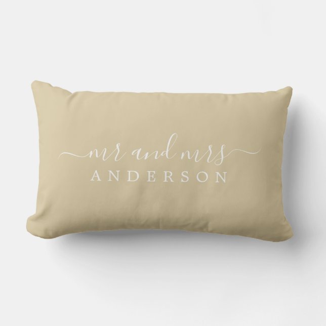 Chic Newlywed Mr Mrs Beige Sand Monogram Lumbar Cushion (Front)