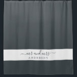 Chic Newlywed Mr Mrs Black and White Monogram Shower Curtain<br><div class="desc">Chic black and white monogram shower curtain with the text Mr and Mrs in elegant script. The colour black forest is used for this elegant shower curtain you can customise with your married name. Perfect luxury gift for the newlywed couple. Exclusively designed for you by Happy Dolphin Studio.</div>