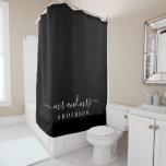 Chic Newlywed Mr Mrs Black and White Monogram Shower Curtain<br><div class="desc">Chic black and white monogram shower curtain with the text Mr and Mrs in white elegant scrip on a black background. You can customise this stylish design with your married name. Perfect luxury gift for the newlywed couple. Exclusively designed for you by Happy Dolphin Studio.</div>