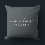 Chic Newlywed Mr Mrs Black White Monogram Cushion<br><div class="desc">Chic, modern monogrammed black and white pillow with the text Mr and Mrs in white elegant script. Simply add your married name. The off-black colour black forest is used for this stylish design. Perfect luxury gift for the newlywed couple. Exclusively designed for you by Happy Dolphin Studio. If you need...</div>