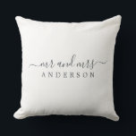 Chic Newlywed Mr Mrs Black White Monogram Cushion<br><div class="desc">Chic, modern monogrammed black and white pillow with the text Mr and Mrs in off-black elegant script on a white background. Simply add your married name. Perfect gift for the newlywed couple. Exclusively designed for you by Happy Dolphin Studio. If you need any help or matching products please contact us...</div>