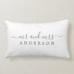 Chic Newlywed Mr Mrs Black White Monogram Lumbar Cushion<br><div class="desc">Chic, modern monogrammed black and white pillow with the text Mr and Mrs in off-black elegant script on a white background. Simply add your married name. Perfect gift for the newlywed couple. Exclusively designed for you by Happy Dolphin Studio. If you need any help or matching products please contact us...</div>