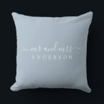 Chic Newlywed Mr Mrs Blue Monogram Cushion<br><div class="desc">Chic, modern monogrammed pillow with the text Mr and Mrs in white elegant script on a blue background. The colour rendez vous blue is used for this stylish design. Simply add your married name. Perfect gift for the newlywed couple. Exclusively designed for you by Happy Dolphin Studio. If you need...</div>