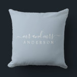 Chic Newlywed Mr Mrs Blue Monogram Cushion<br><div class="desc">Chic, modern monogrammed pillow with the text Mr and Mrs in white elegant script on a blue background. The colour rendez vous blue is used for this stylish design. Simply add your married name. Perfect gift for the newlywed couple. Exclusively designed for you by Happy Dolphin Studio. If you need...</div>