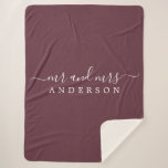 Chic Newlywed Mr Mrs Burgundy Monogram Sherpa Blanket<br><div class="desc">Chic, modern monogrammed burgundy sherpa blanket with the text Mr and Mrs in white elegant script. Simply add your married name. The colour burgundy is used for this stylish design. Perfect luxury gift for the newlywed couple. If you need any help or matching products please contact us at happydolphinstudio@outlook.com. We're...</div>