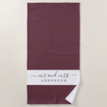 Chic Newlywed Mr Mrs Burgundy Monogrammed Beach Towel<br><div class="desc">Chic burgundy monogrammed beach towel with the text Mr and Mrs in elegant script. The colour black forest is used for elegant beach towel you can customise with your married name. Perfect gift for the newlywed couple. Exclusively designed for you by Happy Dolphin Studio.</div>