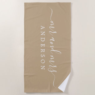 Chic Newlywed Mr Mrs Camel Monogrammed Beach Towel