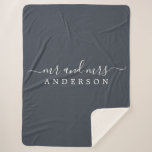 Chic Newlywed Mr Mrs Charcoal Blue Monogram Sherpa Blanket<br><div class="desc">Chic, modern monogrammed charcoal blue sherpa blanket with the text Mr and Mrs in white elegant script. Simply add your married name. The colour charcoal blue is used for this stylish design. Perfect luxury gift for the newlywed couple. If you need any help or matching products please contact us at...</div>