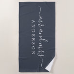 Chic Newlywed Mr Mrs Charcoal Blue Monogrammed Beach Towel<br><div class="desc">Chic charcoal blue monogrammed beach towel with the large text Mr and Mrs in white elegant script. You can customise this luxurious beach towel with your married name. Perfect gift for the newlywed couple. Exclusively designed for you by Happy Dolphin Studio.</div>