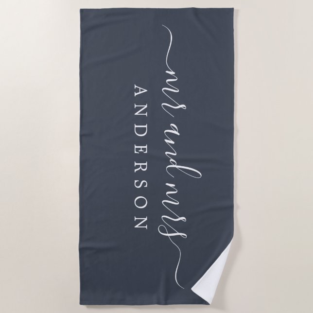 Chic Newlywed Mr Mrs Charcoal Blue Monogrammed Beach Towel (Front)