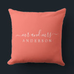 Chic Newlywed Mr Mrs Coral Monogram Cushion<br><div class="desc">Chic, modern monogrammed pillow with the text Mr and Mrs in white elegant script on a coral background. Simply add your married name. Perfect gift for the newlywed couple. Exclusively designed for you by Happy Dolphin Studio. If you need any help or matching products please contact us at happydolphinstudio@outlook.com. We're...</div>