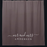 Chic Newlywed Mr Mrs Dark Burgundy Monogram Shower Curtain<br><div class="desc">Chic dark burgundy monogram shower curtain with the text Mr and Mrs in white elegant script. The colour carob chip is used for this stylish design you can customise with your married name. Perfect luxury gift for the newlywed couple. Exclusively designed for you by Happy Dolphin Studio.</div>