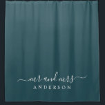 Chic Newlywed Mr Mrs Dark Emerald Monogram Shower Curtain<br><div class="desc">Chic dark emerald monogram shower curtain with the text Mr and Mrs in white elegant script. The colour deep emerald is used for this stylish design you can customise with your married name. Perfect luxury gift for the newlywed couple. Exclusively designed for you by Happy Dolphin Studio.</div>