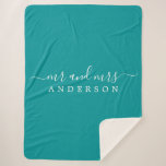 Chic Newlywed Mr Mrs Green Monogram Sherpa Blanket<br><div class="desc">Chic, modern monogrammed sherpa blanket with the text Mr and Mrs in white elegant script on a green background. Simply add your married name. The colour viridian green is used for this stylish design. Perfect luxury gift for the newlywed couple. If you need any help or matching products please contact...</div>