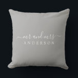 Chic Newlywed Mr Mrs Grey Monogram Cushion<br><div class="desc">Chic, modern monogrammed pillow with the text Mr and Mrs in white elegant script on a grey background. Simply add your married name. Perfect gift for the newlywed couple. Exclusively designed for you by Happy Dolphin Studio. If you need any help or matching products please contact us at happydolphinstudio@outlook.com. We're...</div>