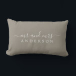 Chic Newlywed Mr Mrs Grey Monogram Lumbar Cushion<br><div class="desc">Chic, modern monogrammed shiitake grey pillow with the text Mr and Mrs in white elegant script. Simply add your married name. The colour felted wool is used for this stylish design. Perfect luxury gift for the newlywed couple. Exclusively designed for you by Happy Dolphin Studio. If you need any help...</div>