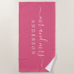 Chic Newlywed Mr Mrs Hot Pink Monogrammed Beach Towel<br><div class="desc">Chic hot pink monogrammed beach towel with the large text Mr and Mrs in white elegant script. You can customise this elegant beach towel with your married name. Perfect gift for the newlywed couple. Exclusively designed for you by Happy Dolphin Studio.</div>