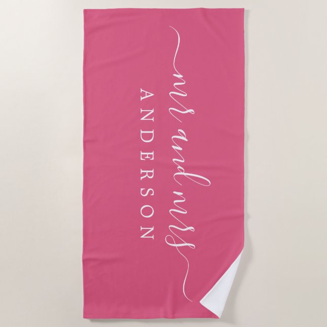 Chic Newlywed Mr Mrs Hot Pink Monogrammed Beach Towel (Front)