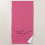 Chic Newlywed Mr Mrs Hot Pink White Monogrammed Beach Towel<br><div class="desc">Chic hot pink and white monogrammed beach towel with the text Mr and Mrs in elegant script. You can customise this elegant beach towel with your married name. Perfect gift for the newlywed couple. Exclusively designed for you by Happy Dolphin Studio.</div>