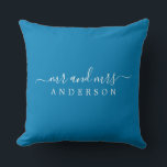 Chic Newlywed Mr Mrs Ibiza Blue Monogram Cushion<br><div class="desc">Chic, modern monogrammed pillow with the text Mr and Mrs in white elegant script on an Ibiza blue background. Simply add your married name. Perfect gift for the newlywed couple. Exclusively designed for you by Happy Dolphin Studio. If you need any help or matching products please contact us at happydolphinstudio@outlook.com....</div>