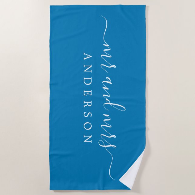 Chic Newlywed Mr Mrs Ibiza Blue Monogrammed Beach Towel (Front)