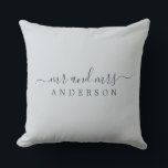 Chic Newlywed Mr Mrs Ice Blue Monogram Cushion<br><div class="desc">Chic, modern monogrammed pillow with the text Mr and Mrs in off-black elegant script on an ice blue background. Simply add your married name. Perfect gift for the newlywed couple. Exclusively designed for you by Happy Dolphin Studio. If you need any help or matching products please contact us at happydolphinstudio@outlook.com....</div>