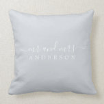 Chic Newlywed Mr Mrs Ice Blue Monogram Cushion<br><div class="desc">Chic, modern monogrammed pillow with the text Mr and Mrs in white elegant script on an ice blue background. Simply add your married name. Perfect gift for the newlywed couple. Exclusively designed for you by Happy Dolphin Studio. If you need any help or matching products please contact us at happydolphinstudio@outlook.com....</div>