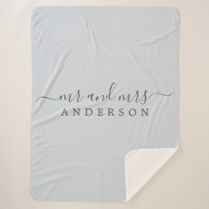 Chic Newlywed Mr Mrs Ice Blue Monogram Sherpa Blanket