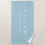 Chic Newlywed Mr Mrs Monogram Blue Glow Beach Towel<br><div class="desc">Chic and simple monogrammed beach towel with the large text Mr and Mrs in white elegant handwritten script calligraphy on a blue glow background. You can customise this elegant beach towel with your married name. Perfect gift for the newlywed couple. Exclusively designed for you by Happy Dolphin Studio.</div>