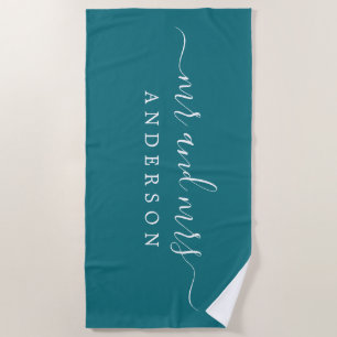 Chic Newlywed Mr Mrs Monogram Harbour Blue Beach Towel