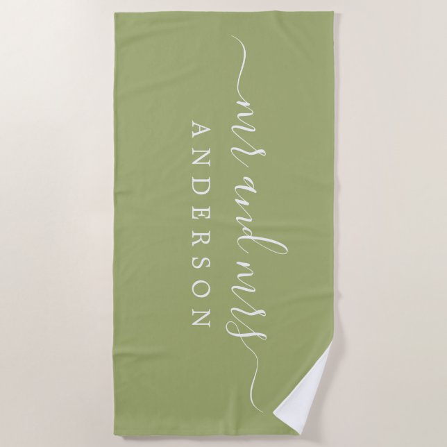 Chic Newlywed Mr Mrs Monogram Leaf Green Beach Towel (Front)