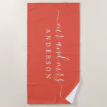Chic Newlywed Mr Mrs Monogram Mandarin Red Beach Towel<br><div class="desc">Chic and simple monogrammed beach towel with the large text Mr and Mrs in white elegant handwritten script calligraphy on a mandarin red background. You can customise this elegant beach towel with your married name. Perfect gift for the newlywed couple. Exclusively designed for you by Happy Dolphin Studio.</div>
