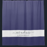 Chic Newlywed Mr Mrs Navy Blue Monogram Shower Curtain<br><div class="desc">Chic navy blue monogram shower curtain with the text Mr and Mrs in off-black elegant script. You can customise this stylish shower curtain with your married name. Perfect luxury gift for the newlywed couple. Exclusively designed for you by Happy Dolphin Studio.</div>