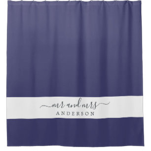 Chic Newlywed Mr Mrs Navy Blue Monogram Shower Curtain