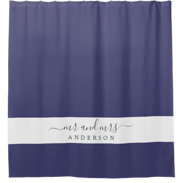Chic Newlywed Mr Mrs Navy Blue Monogram Shower Curtain (Front)
