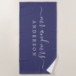 Chic Newlywed Mr Mrs Navy Blue Monogrammed Beach Towel<br><div class="desc">Chic navy blue monogrammed beach towel with the large text Mr and Mrs in white elegant script. You can customise this elegant beach towel with your married name. Perfect gift for the newlywed couple. Exclusively designed for you by Happy Dolphin Studio.</div>