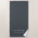 Chic Newlywed Mr Mrs Off-black Monogrammed Beach Towel<br><div class="desc">Chic black and white monogrammed beach towel with the large text Mr and Mrs in white elegant script calligraphy. The colour black forest is used for this luxurious beach towel you can customise with your married name. Perfect gift for the newlywed couple. Exclusively designed for you by Happy Dolphin Studio....</div>
