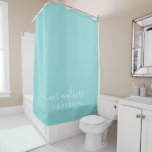 Chic Newlywed Mr Mrs Pastel Blue Monogram Shower Curtain<br><div class="desc">Chic seashell blue monogram shower curtain with the text Mr and Mrs in white elegant scrip. You can customise this stylish design with your married name. Perfect luxury gift for the newlywed couple. Exclusively designed for you by Happy Dolphin Studio.</div>
