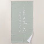 Chic Newlywed Mr Mrs Pastel Green Monogrammed Beach Towel<br><div class="desc">Chic pastel green monogrammed beach towel with the large text Mr and Mrs in white elegant script. You can customise this elegant beach towel with your married name. Perfect gift for the newlywed couple. Exclusively designed for you by Happy Dolphin Studio.</div>