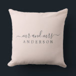 Chic Newlywed Mr Mrs Pastel Pink Monogram Cushion<br><div class="desc">Chic, modern monogrammed pillow with the text Mr and Mrs in off-black elegant script on a pastel pink background. Simply add your married name. Perfect gift for the newlywed couple. Exclusively designed for you by Happy Dolphin Studio. If you need any help or matching products please contact us at happydolphinstudio@outlook.com....</div>