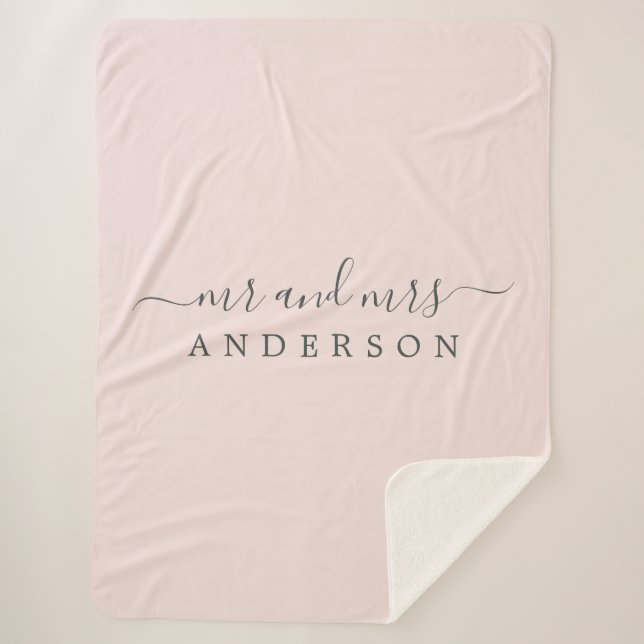 Chic Newlywed Mr Mrs Pastel Pink Monogram Sherpa Blanket (Front)