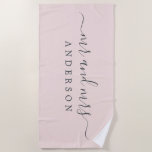 Chic Newlywed Mr Mrs Pastel Pink Monogrammed Beach Towel<br><div class="desc">Chic pastel pink monogrammed beach towel with the large text Mr and Mrs in white elegant script. You can customise this elegant beach towel with your married name. Perfect gift for the newlywed couple. Exclusively designed for you by Happy Dolphin Studio.</div>