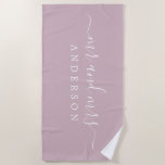 Chic Newlywed Mr Mrs Pastel Purple Monogrammed Beach Towel<br><div class="desc">Chic pastel purple monogrammed beach towel with the large text Mr and Mrs in white elegant script. You can customise this elegant beach towel with your married name. Perfect gift for the newlywed couple. Exclusively designed for you by Happy Dolphin Studio.</div>