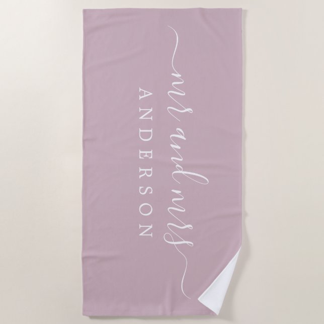 Chic Newlywed Mr Mrs Pastel Purple Monogrammed Beach Towel (Front)