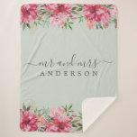 Chic Newlywed Mr Mrs Pink Floral Monogram Sherpa Blanket<br><div class="desc">Chic, modern monogrammed black and white sherpa blanket with the text Mr and Mrs in off-black elegant script on a pastel green background with a stylish touch of pink floral bouquet in beautiful watercolor. Simply add your married name. Perfect luxury gift for the newlywed couple. If you need any help...</div>