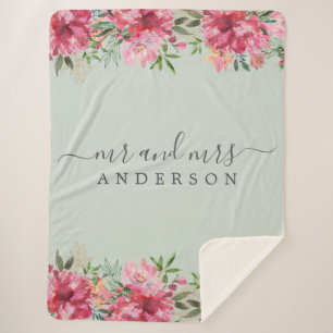 Chic Newlywed Mr Mrs Pink Floral Monogram Sherpa Blanket
