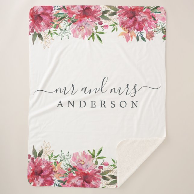 Chic Newlywed Mr Mrs Pink Floral Monogram Sherpa Blanket (Front)