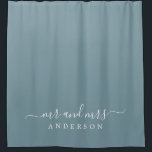 Chic Newlywed Mr Mrs Stone Blue Monogram Shower Curtain<br><div class="desc">Chic grey blue monogram shower curtain with the text Mr and Mrs in white elegant script. The colour stone blue is used for this stylish design you can customise with your married name. Perfect luxury gift for the newlywed couple. Exclusively designed for you by Happy Dolphin Studio.</div>